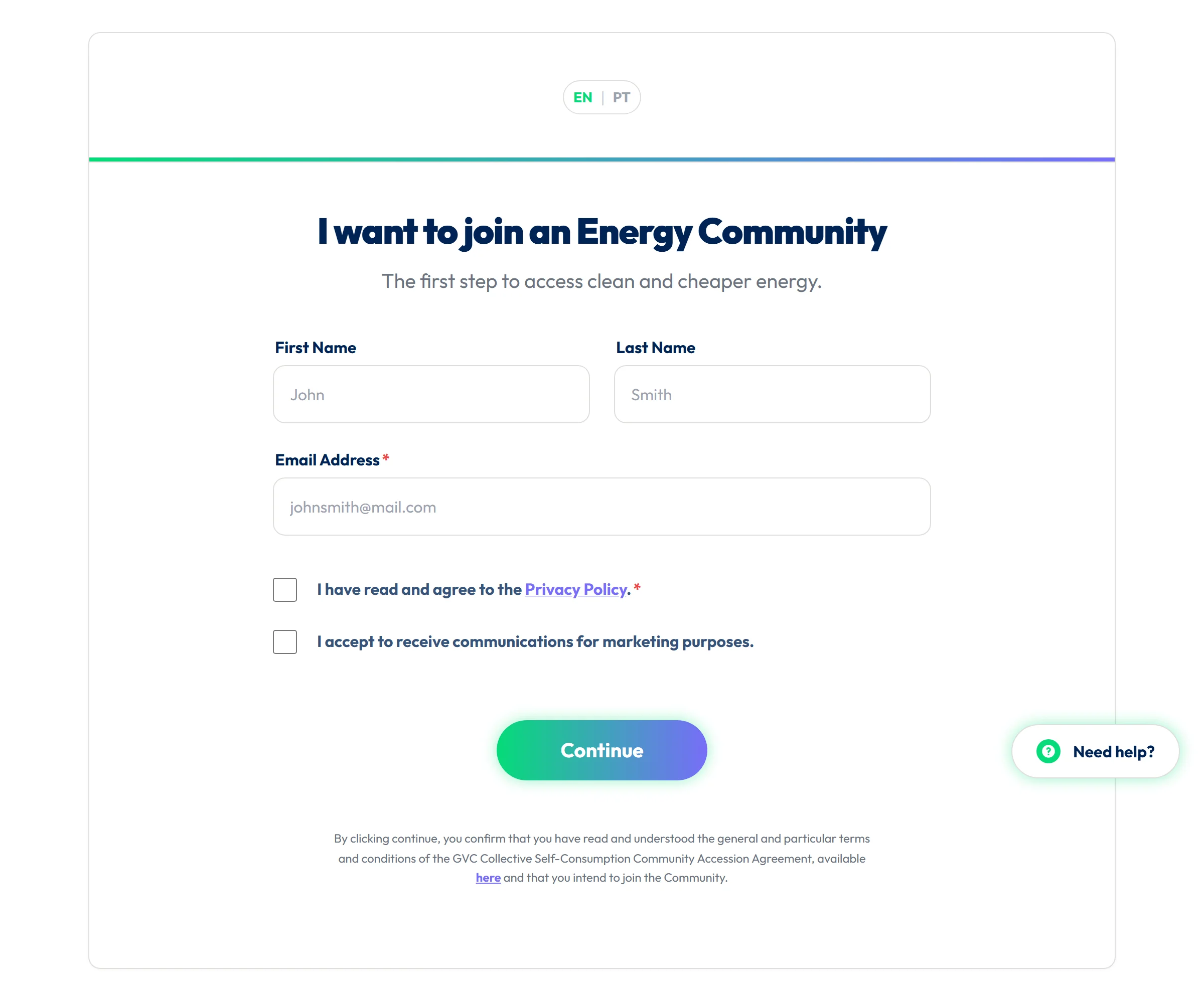 Greenvolt energy community sign-up form asking for name, surname and email