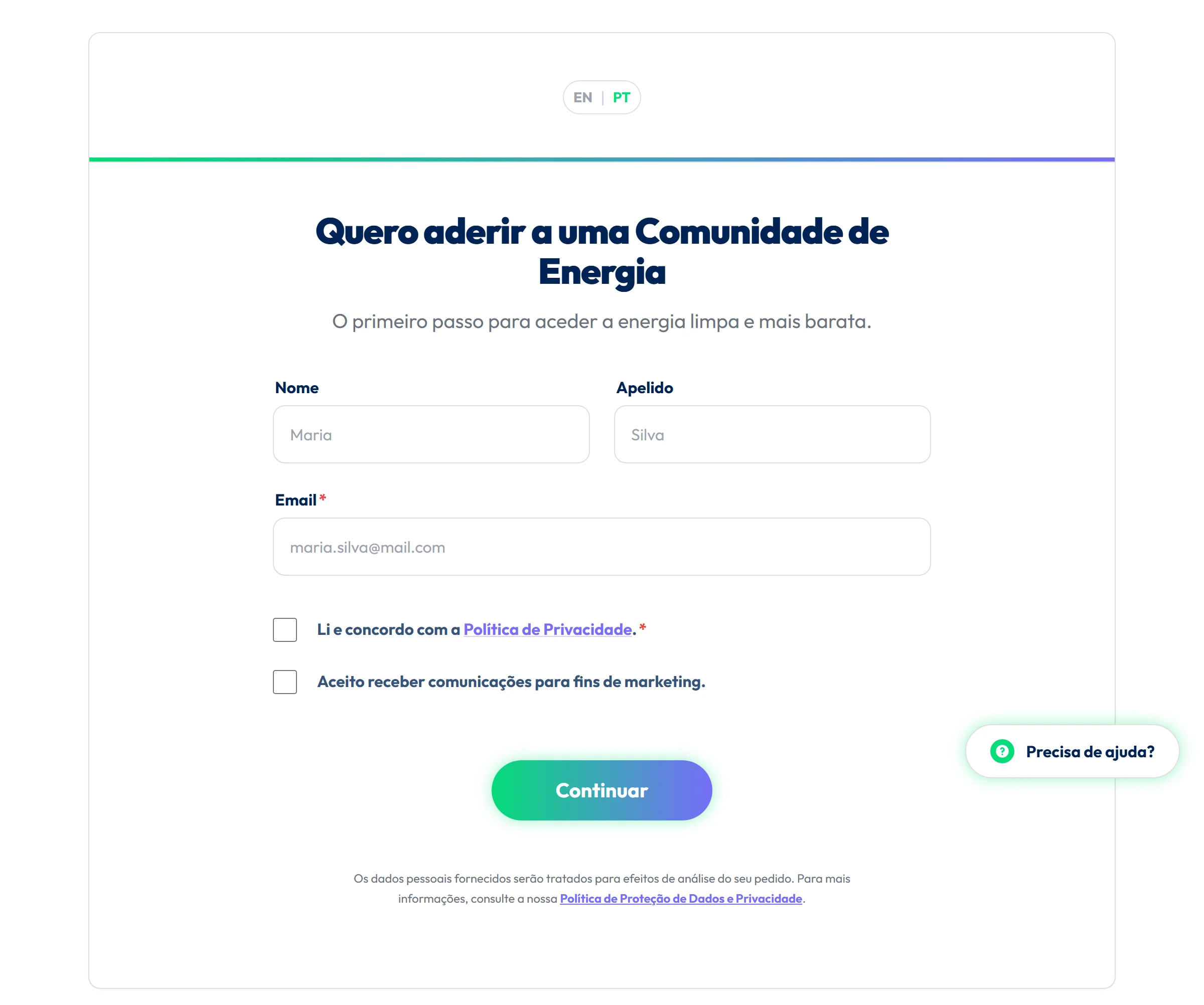 Formulario de adhesión a una comunidad energética de Greenvolt, con nombre, apellido y email